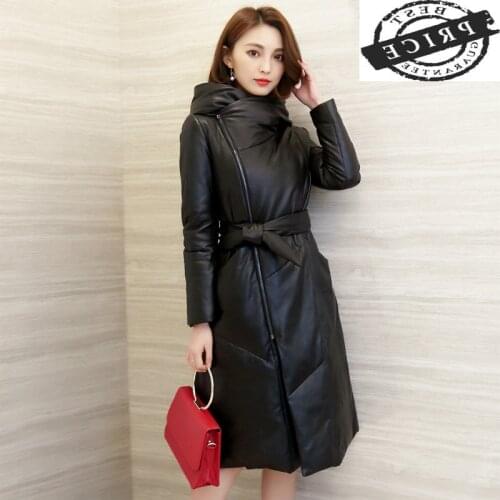 Natural Sheepskin Coat Female Genuine Leather Jacket Long Women Winter Down Parka Hooded Real Leather Jackets LWL12a2