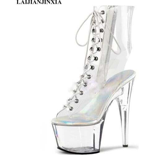 LAIJIANJINXIA New Womens Boots 17cm Super High Heels Stiletto Waterproof Platform Transparent Crystal Ankle Boots Dance Shoes