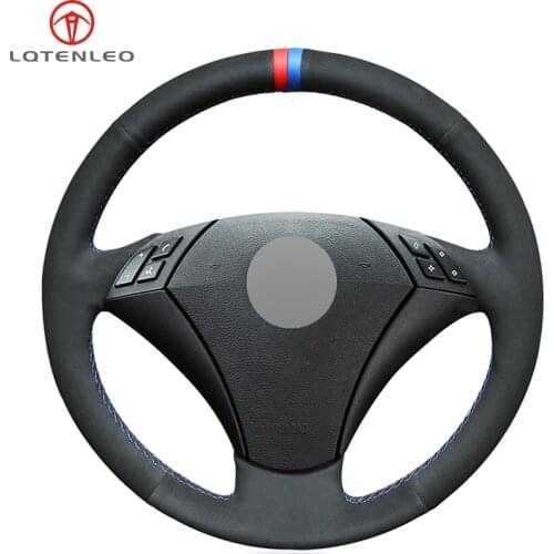 LQTENLEO DIY Hand Sew Car Steering Wheel Cover All Black Suede For BMW E60 E61 520i 520li 523 523li 525 525i 530 530i 535 545i