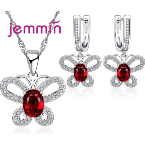Cute Butterfly Jewelry Sets Delicate Red Body White Hollow Wing High-Grade 925 Sterling Silver Necklace Earrings Girls