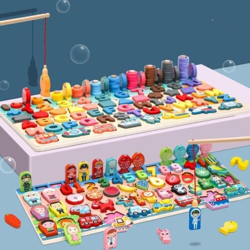 Multifunctional Number and Shape Matching Wooden Toys Toddler Educational Preschool Cognitive Building Block Toys Fishing Toys