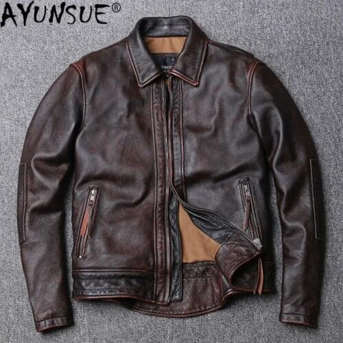 QYLVAWOY Leather Jacket Men Vintage Cowhide Genuine Leather Coat Motorcycle 100% real Cow Jacket Slim Fit clothes 2021 WLP0083