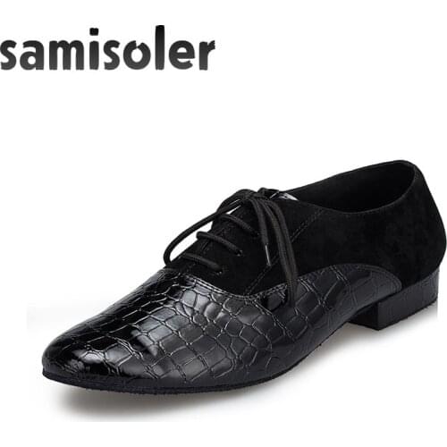 Samisoler Black Mens Black leather ballroom dance shoes Flats Modern dance shoes Tango Party Wedding Square dance shoes
