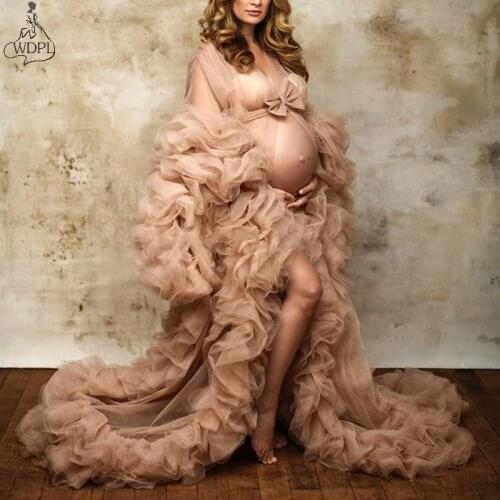 Champagne Illusion Pregnant Party Dresses Deep V Neck Long Evening Dress Tiered Lush Tulle 2020 Handmade Abiye Prom Dresses Bow