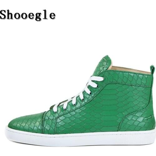 SHOOEGLE Fashion Men Lace Up High Top Shoes Black Snakeskin Sneakers Pattern Ankle Boots High Quality Red Zapatillas Hombre