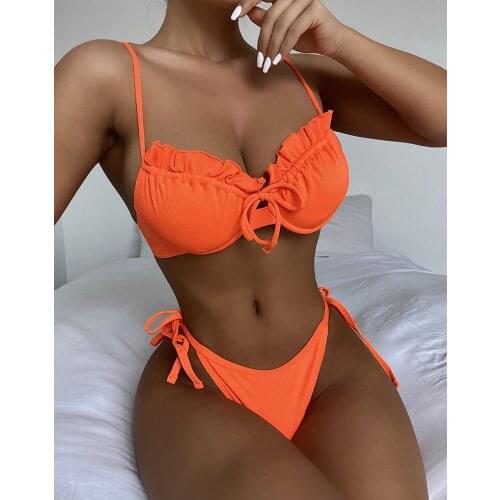 Sexy Underwired Ruffled Frilled Strappy Bikini Women Swimwear Female Swimsuit Two-pieces Bikini set Ribbed Bathing Suit Swim