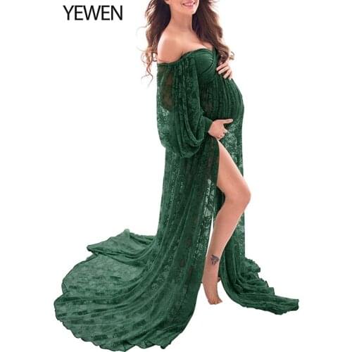 YEWEN Dark Green Off Shoulder Long Sleeves Stretch Lace Maternity Dress for Photography Maternity Gown Fancy Photo Shoots Dress