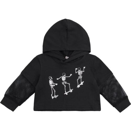 3-7Years Girls Boys Hoodie, Spring Autumn Toddlers Skull Man Printing Mesh Splicing Long Sleeve Hooded Tops Casual Clothes