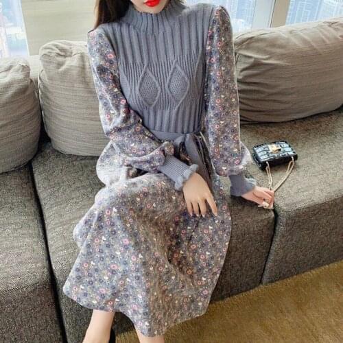 Autumn/Winter Warm French Niche Design Sweet Girl Sweater Dress Vintage Slim Elegant Offiec Lady All-Match Patchwork Midi Dress
