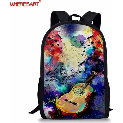 WHEREISART Colorful Music Note Printing School Shoulder Bag Guitar Design School Backpack for Teen Girl Boys Kid School Suppiles