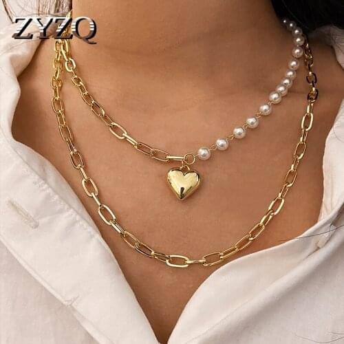 ZYZQ Vintage Double Layer Imitation Pearl Love Pendant Necklace For Women Romantic Valentines Day Gift Clavicle Chain