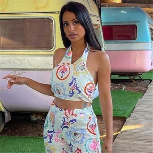 Evfer Women Summer Fashion Print Sleeveless Halter Short Tops Sexy Dady Backless Elastic Vest Chic Girls 2021 Casual Crop Top
