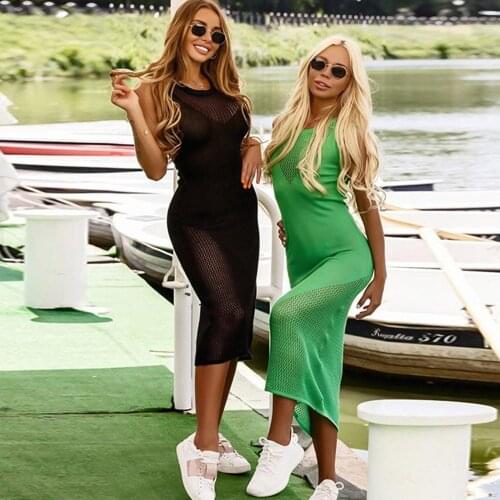 Women Lace Up V Neck Long Sleeve Crochet Swimsuit Cover Up Dress Beach Casual Dress