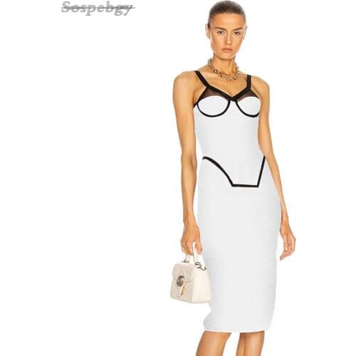 High Quality Women White Sleeveless Bandage Midi Dress Sexy Spaghetti Strap Bodycon Ladies Summer 2021 Elegant Celebrity dresses