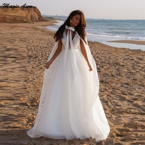 Magic Awn Beach Wedding Dresses 2021 With Wrap V-Neck Illusion Open Back A-Line 2 In 1 Boho Bridal Gowns White Vestidos De Novia