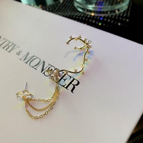 Golden Chain Earrings for Women Rhinestone Flowers Ear Bone Chain Personality Earrings Korean Net Red Forest Series Stud Earring