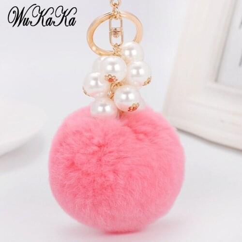2020 Fashion Pearl Pompom Keychain Car Key Chain Ring Fluffy Puff Ball Keychains Women handBag Pom pom Keychains Jewelry