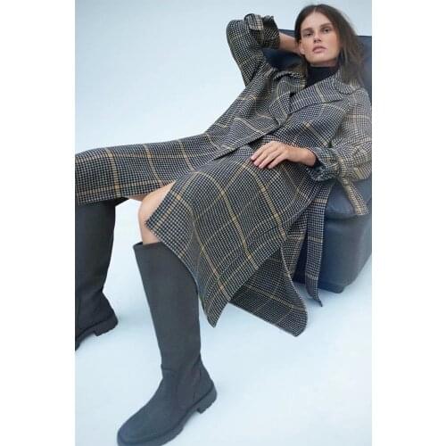 2021 New Women Plaid Coat V Neck Thicken Warm Woolen Cloak For Winter Autumn Knee Length Loose Elegant Sashes Outwear Plus Size