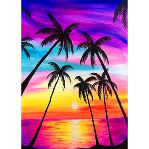 5D Diamond Painting Island Sunset Coconut Tree DIY Round Full Diamond Landscape Embroidery Kit Home Decoration Crafts