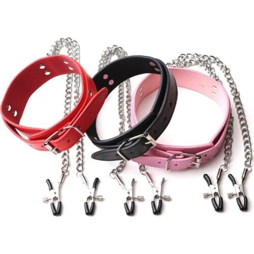 Bdsm Bondage Leash Nipple Clamps With Leather Neck Collar For Women Metal Breast Clip Restraints Stimulate Masturbation Sex Toys