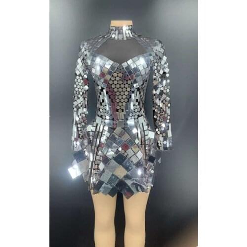 Shining Silver Mirrors Stone Dress Female Singer Dancer Bright Bodysuit Costume DJ DS Nightclub Dress Oufit Party Dresses