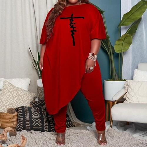 Plus Size Women Clothing Loose Solid Color Slanted Shoulder Embroidery X-long Tops Autumn Two Piece Sets Wholesale Dropshipping