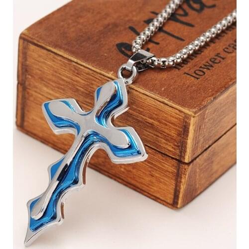 Big box Chain Silver Jewelry Jesus Crucifix New Mens Cross blue Pendant Necklace For Men birthday gift boys diy charms african