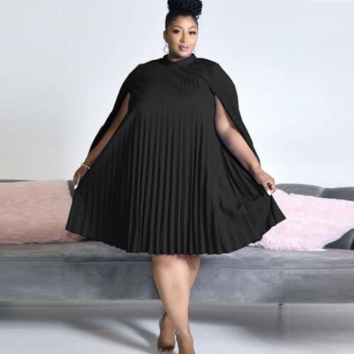 Plus Size Dresses Black Cloak Sleeve Pleated Loose Casual Knee Length Women Outfits Spring Summer Fashion Party Lady Dress