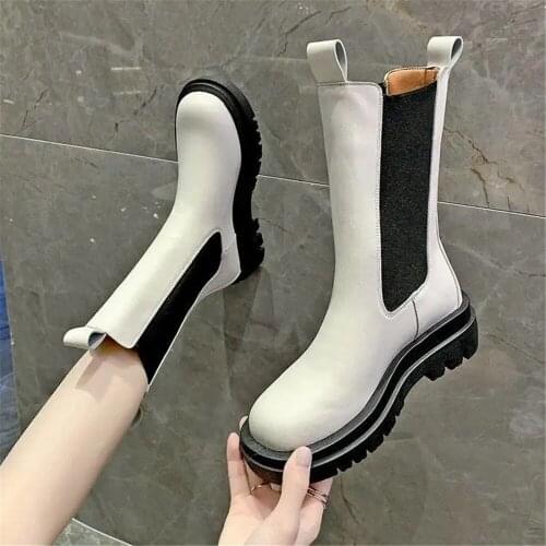 Chelsea Boots Womens Autumn New Square Head British Style Thick Bottom Middle Tube Leather Fashion Chimney Booties Black White