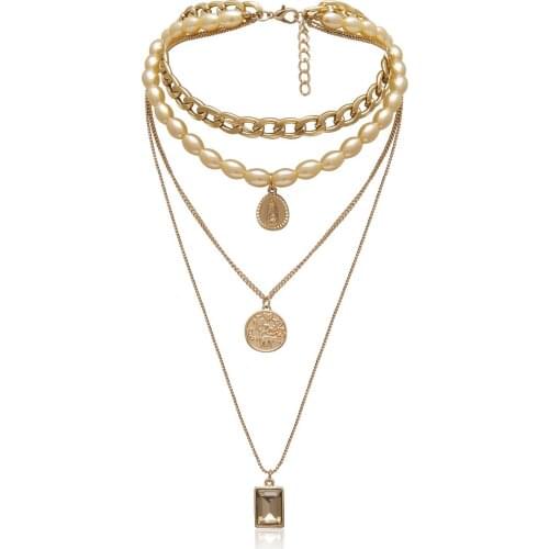 ICNWAY 21-50cm Retro coins sweater chains female personality multi-layer pearl alloy necklaces