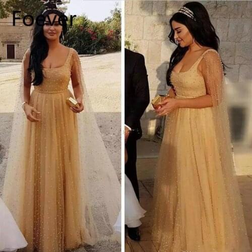 Saudi Arabic Pearls Long Evening Dresses Spaghetti Strap Boat Neck Elegant Formal Prom Dress