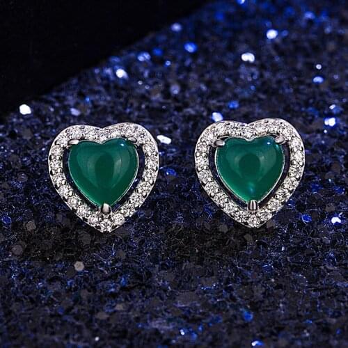 Elegant Silver Plated Heart Stud Earrings Green Gems Bridal Earrings Cocktail Party Lady Banquet Party Gifts for Women Jewelry