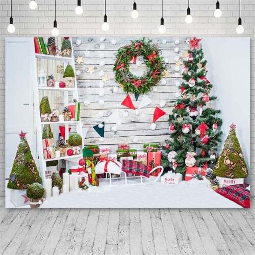 Avezano Merry Christmas Tree Backdrops Winter Mistletoe Wreath Gift Pillow Indoor Photographic Background for Photo Studio Decor