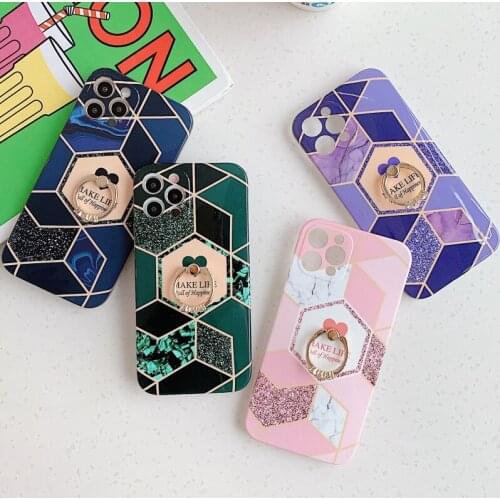 Electroplated Geometric love Heart Marble Ring Bracket Phone Case For Iphone 12 11 Pro MAX Mini X XR XS SE 2020 7 8 Plus Cover