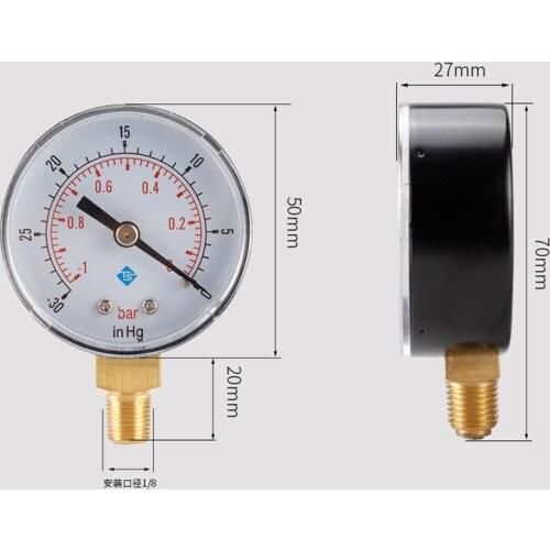 52mm 1/8" BSPT -1-0bar -30-0inhg Dial Hydraulic Fluid Pressure Gauge Meter Double Scale Radial Measuring Tool for Air Compressor