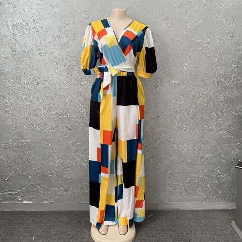 Printing Jumpsuits Elegant High Waist Lace-up Woman Jumpsuit Sexy V-Neck Loose Wide Leg Playsuits Plus Size Overalls For Women