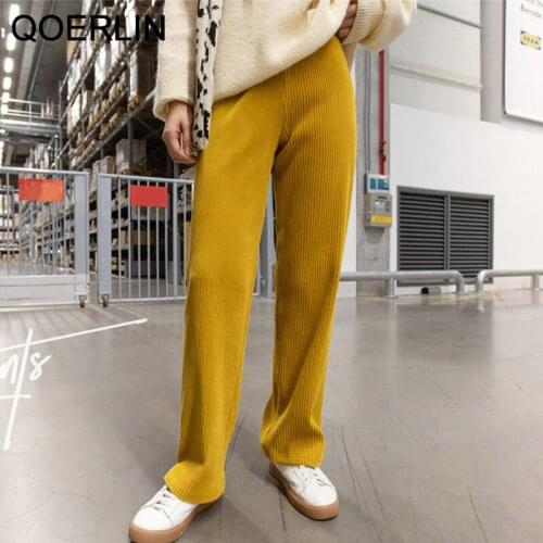 Korean Style Straight Pants Women Elastic Waist Casual Winter Thickened Corduroy Pants Wide Leg Trouser Pinkk Female Plus Size