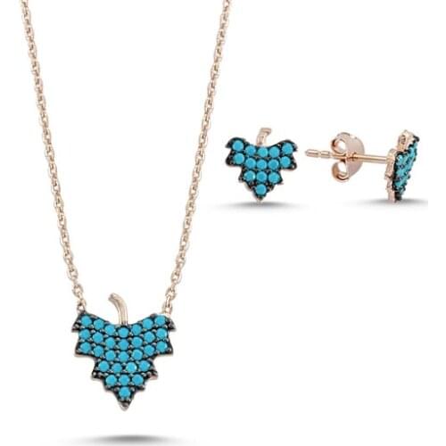Kutaydan Nano Turquoise Gemstone Sycamore Leaf 925 Sterling Silver Set Made in Turkey