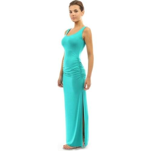 Summer Slim Pleated Sleeveless Swing Blue Women One-piece Dress Long Maxi Slit Thin Pencil Party Dresses Ladies Hot Sale Sheath