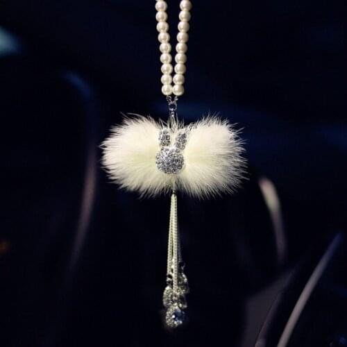 MR TEA Rearview Mirror Plush Hanging Ornaments Rabbit Head Diamond Fur Charm Crystal Suspension Car Pendant Accessories
