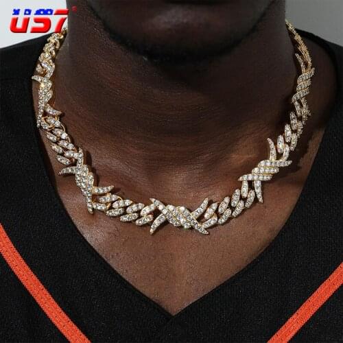 US7 19MM Iced Out Bling CZ Heavy Rock Thorns Box Buckle Cuban Link Cubic Choker Necklaces For Men Jewelry With Solid Back