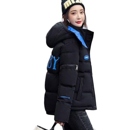 2021 New Womens Bright Down Cotton Jacket Winter Warm Printing Bread Jackets Female Korean Loose Casual Hooded Parka Overcoat