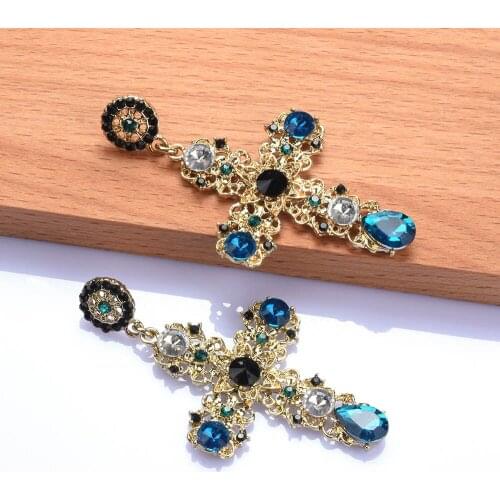 New Arrival Vintage Green Crystal Cross Drop Earrings for Women Baroque Bohemian Large Long Earrings Jewelry Brincos 2021