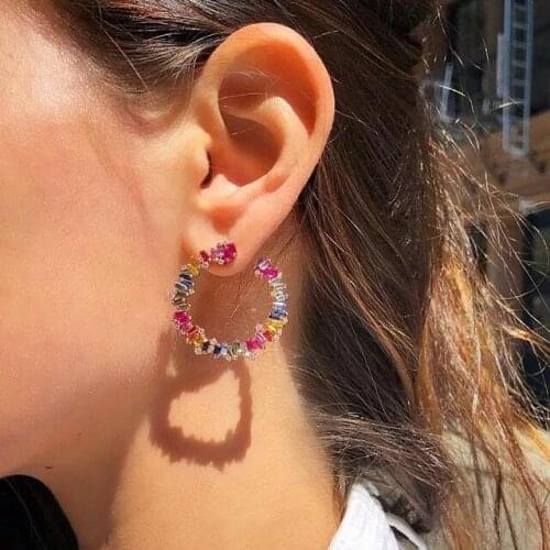 2021 Luxury Gold color round circle geometric stud earrings Baguette rainbow colorful cz paved fashion trendy jewelry for women