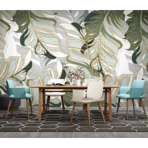 Nordic hand painted tropical plant leaves line light luxury TV background wall decoration wallpaper murals