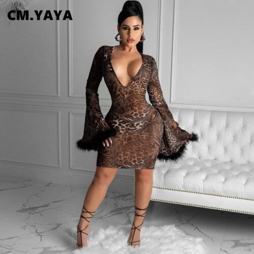 CM.YAYA V-neck Leopar Print with Feathers Flare Sleeve Bodycon Midi Mini Dress for Women Sexy Club Night Party Dresses