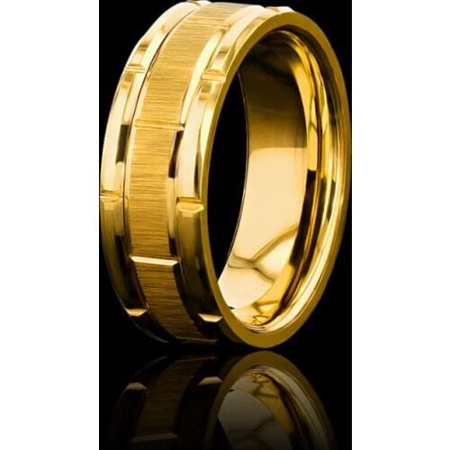 Modern 8MM Stainless steel Men Ring Fashion Gold Color Brushed Double Groove Pattern Ring Mens Wedding Ring Party Jewelry Gift