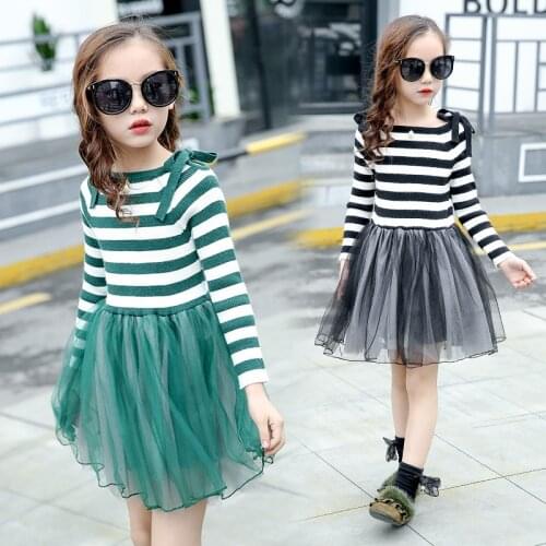 Girl Spring Dress Striped Princess Dress of Girls Baby Little Girls Net Yarn Tutu Girls Party Dress with Tie Bow Kids Clothes