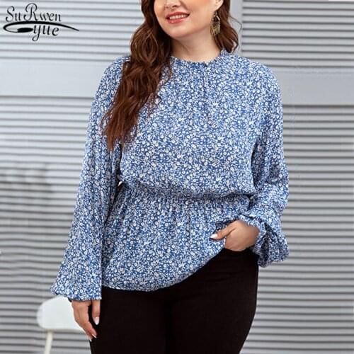 Spring and Autumn New Blue Floral Print Womens Shirts Loose Casual Fashion Temperament Plus Size Blouse for Girl 12751