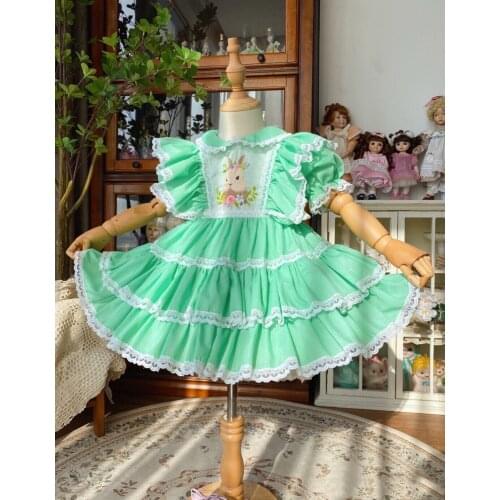 Baby Girl Green Rabbit Embroidery Vintage Turkish England Ball Gown Lolita Princess Dress for Birthday Party Holiday